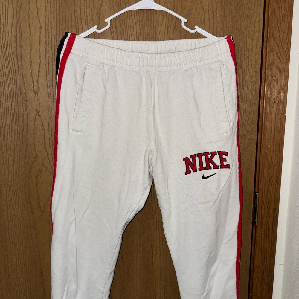 Nike White and Red Sweatpants with Bold Branding
